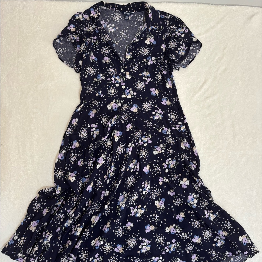 Minimalist Cottagecore Chaps Navy Floral Asymmetrical Maxi Dress Size Medium